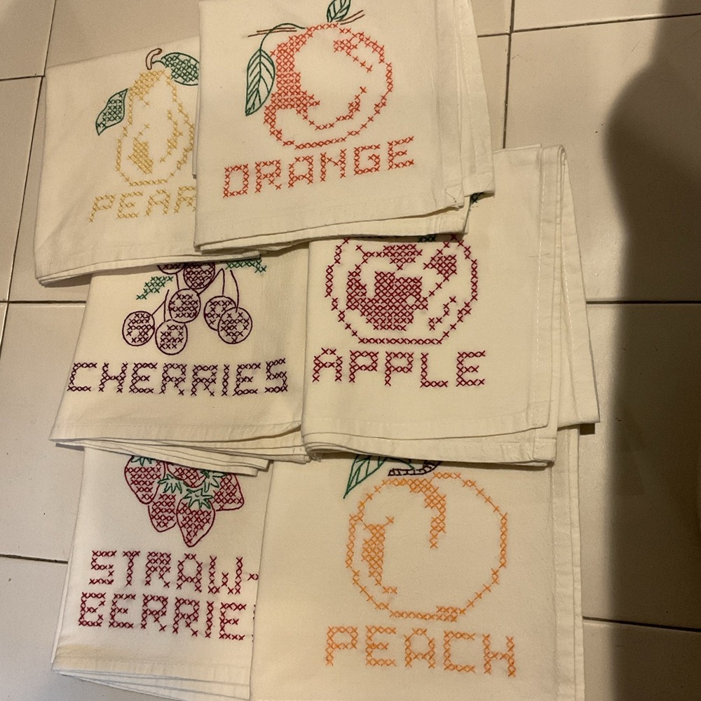 NEW HAND-EMBROIDERED FLOUR-SACK DISH TOWELS - LOT OF 6 FRUIT THEME orange Apple